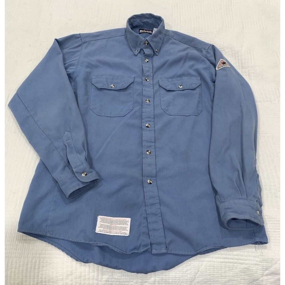 Men's Size M BULWARK Shirt Blue Flame Resistant Button Up Workwear Long Sleeve